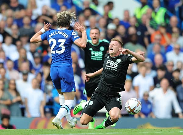 Conor Gallagher of Chelsea fouls Harvey Barnes of Leicester City which later results in a red card  (Photo by David Rogers/Getty Images)
