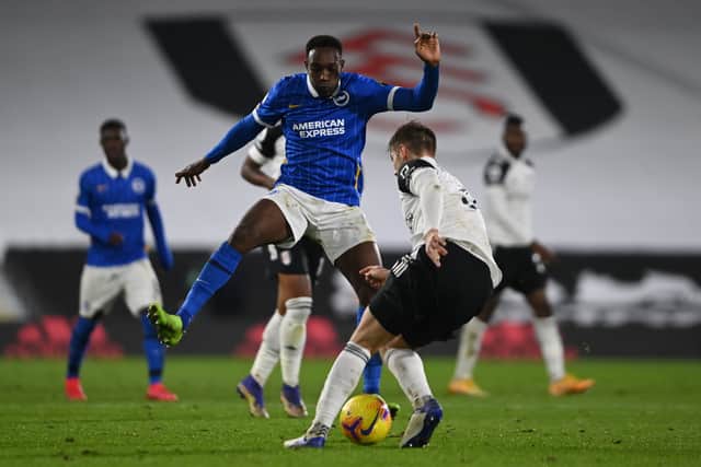 Brighton striker Danny Welbeck challenges Joachim Andersen - now of Crystal Palace - during the match the last time the two sides met