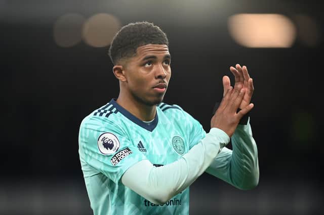 Wesley Fofana of Leicester City applauds the fans at half time during the Premier League match  (Photo by Michael Regan/Getty Images)