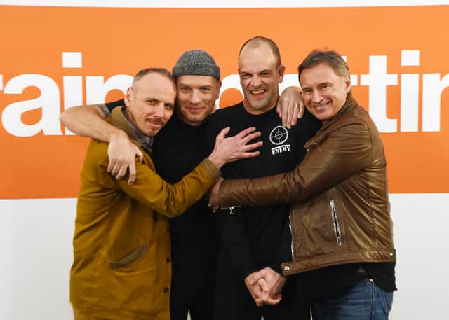 Actors Ewen Bremner, Ewan McGregor, Jonny Lee Miller and Robert Carlyle, stars of Trainspotting, promoting the film’s sequel T2. Photo: Getty