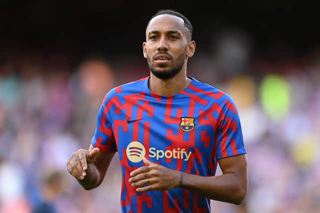 Pierre-Emerick Aubameyang of Barcelona warms up prior to the LaLiga Santander match (Photo by David Ramos/Getty Images)