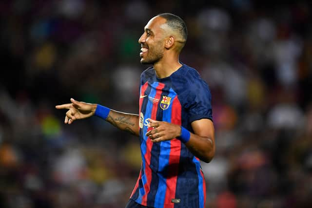 Barcelona's Gabonese midfielder Pierre-Emerick Aubameyang celebrates after scoring a goal during the 57th Joan Gamper Trophy (Photo by PAU BARRENA/AFP via Getty Images)