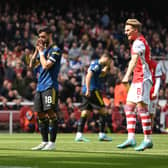 Bruno Fernandes of Manchester United reacts after missing a penalty during the Premier League match between Arsenal and Manchester United