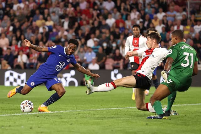  Raheem Stirling of Chelsea scores their teams first goal during the Premier League match between Southampton FC and Chelsea FC