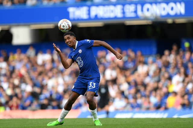 Wesley Fofana of Chelsea controls the ball during the Premier League match  (Photo by Mike Hewitt/Getty Images)