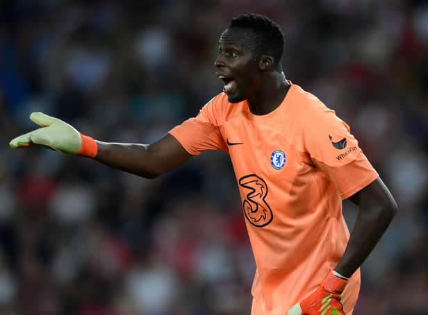 <p>Edouard Mendy of Chelsea gestures during the Premier League match against Southampton. (Photo by Mike Hewitt/Getty Images)</p>