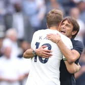 Harry Kane of Tottenham Hotspur is embraced by Head Coach, Antonio Conte at the final whistle during the Premier League match between Tottenham Hotspur and Fulham FC