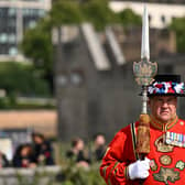 A Yeomen Warders stands guard for the Death Gun Salute fired at the Tower of London, taking place to mark the death of Queen Elizabeth II.
