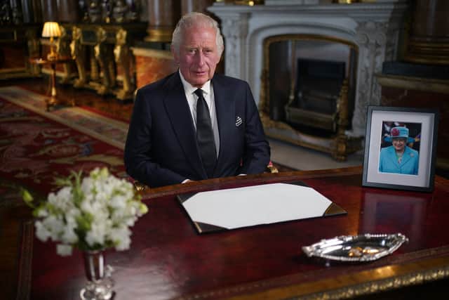 King Charles III makes a televised address to the nation, a day after Queen Elizabeth II died at the age of 96. Photo: Getty