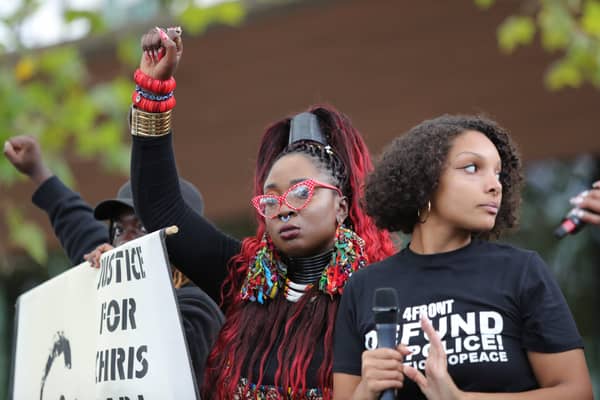 Protestors demanding justice for Chris Kaba made their way down Whitehall to New Scotland Yard. Photo: SWNS