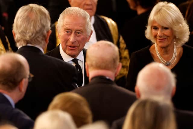 King Charles III and Camilla, Queen Consort leave after attending  the presentation of addresses. Photo: Getty