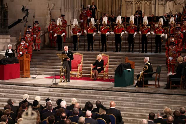 King Charles III and Camilla, Queen Consort, in Westminster Hall. Photo: Getty