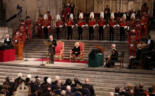 King Charles III and Camilla, Queen Consort, in Westminster Hall. Photo: Getty