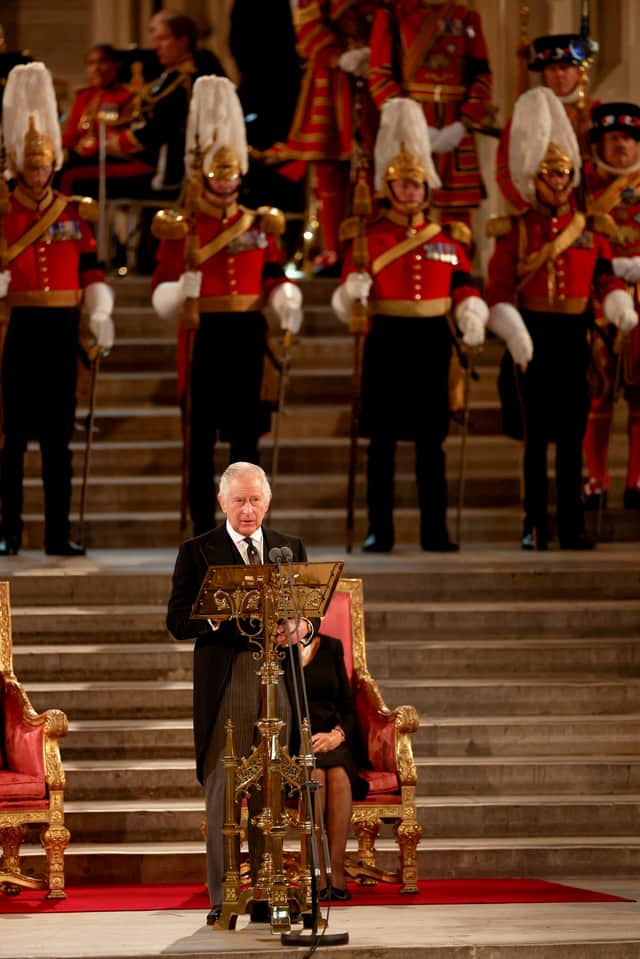 King Charles III makes an address in Westminster Hall at Houses of Parliament. Photo: Getty
