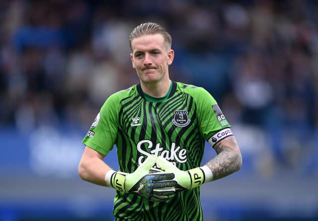 Jordan Pickford of Everton looks on during the Premier League match between Everton FC and Liverpool FC at Goodison Park on September 03, 2022 