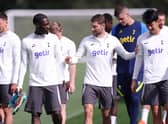 Yves Bissouma, Ben Davies and Heung-Min Son of Tottenham Hotspur during the Tottenham Hotspur training session ahead of their UEFA Champions League group D match against Sporting CP