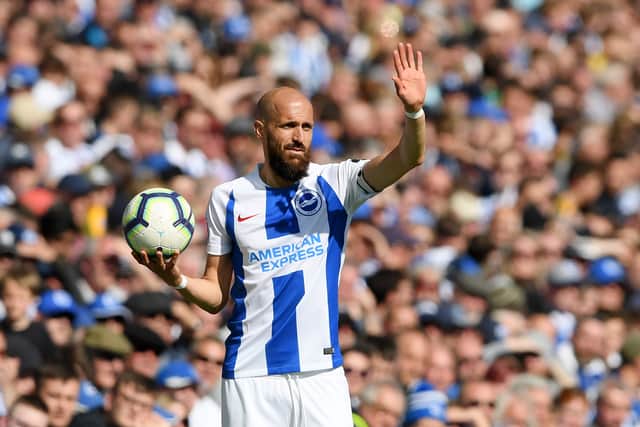 Bruno Saltor Grau of Brighton and Hove Albion takes a throw in during the Premier League match  (Photo by Mike Hewitt/Getty Images)