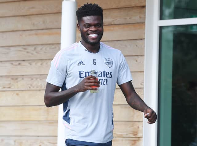 Thomas Partey of Arsenal during a training session at London Colney on August 26, 2022 in St Albans,  (Photo by Stuart MacFarlane/Arsenal FC via Getty Images)