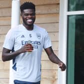  Thomas Partey of Arsenal during a training session at London Colney on August 26, 2022 in St Albans  (Photo by Stuart MacFarlane/Arsenal FC via Getty Images)