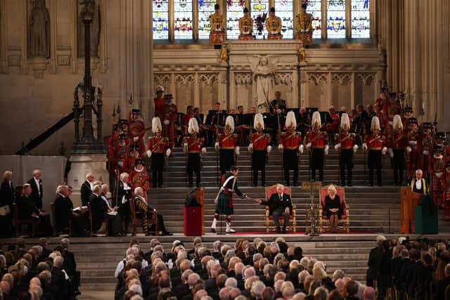 Britain's King Charles III and Britain's Camilla, Queen Consort attend the presentation of Addresses by both Houses of Parliament in Westminster Hall