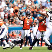 Teddy Bridgewater #5 of the Denver Broncos attempts a pass during the game against the Jacksonville Jaguars 