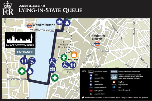 The map, published by the Department for Digital, Culture, Media and Sport on Tuesday evening, shows the route for queuing to see Queen Elizabeth lying-in-state.