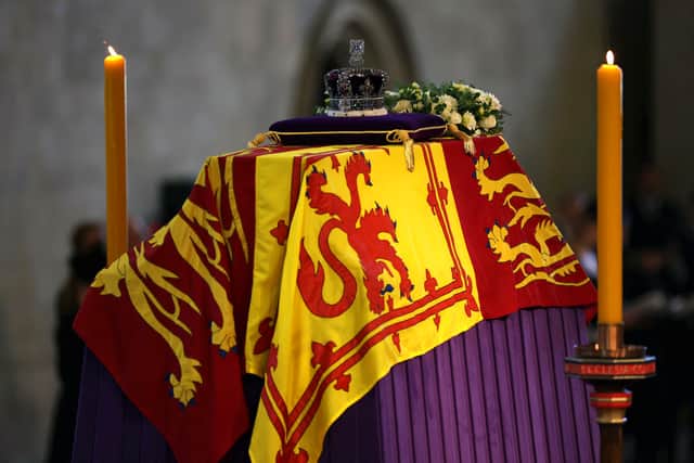 A general view of the coffin of Britain’s Queen Elizabeth II inside Westminster Hall. Photo: Getty