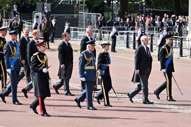 Prince William, Prince Harry, King Charles, Princess Anne, Prince Edward and Prince Andrew followed the Queen’s coffin in the procession. Photo: Getty