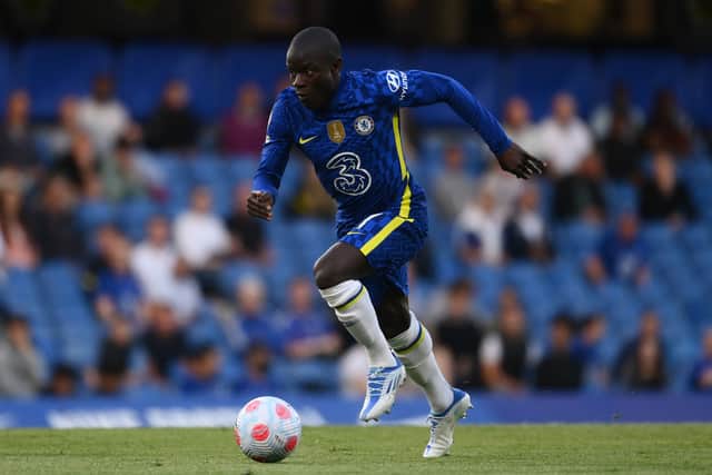 Ngolo Kante of Chelsea in action during the Premier League match between Chelsea and Leicester City (Photo by Mike Hewitt/Getty Images)