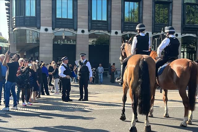 Police horses in Westminster ahead of the Queen’s arrival. Photo: LW