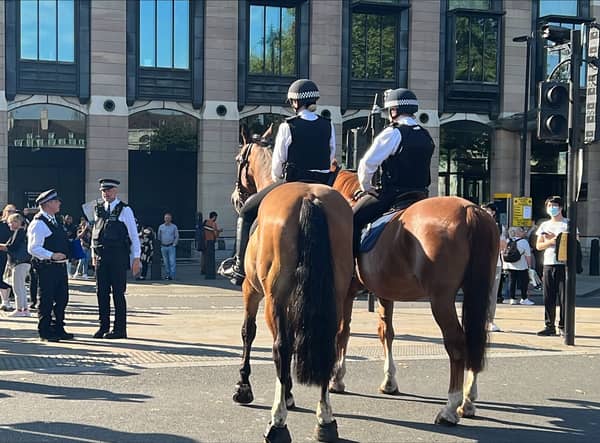 Police horses in Westminster ahead of the Queen’s arrival. Photo: Getty