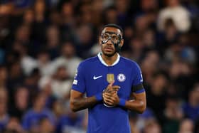 Pierre-Emerick Aubameyang of Chelsea looks on wearing an eye mask prior to  the UEFA Champions League group E match between Chelsea FC and FC Salzburg at Stamford Bridge on September 14, 2022 in London, England. (Photo by Richard Heathcote/Getty Images)
