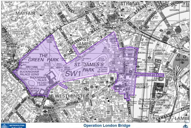 The roads contained within the purple section of the map will be closed all day on Friday. (Image: The Metropolitan Police)