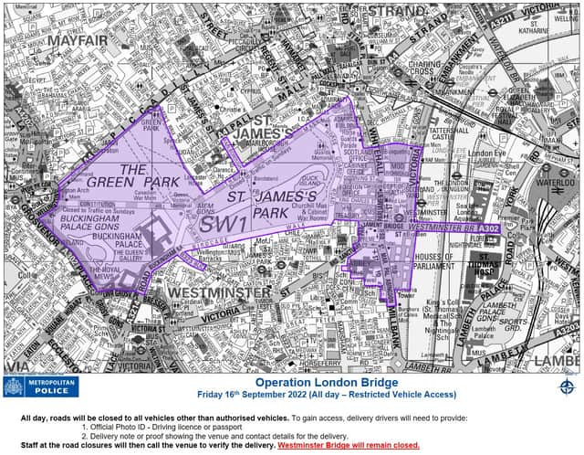 The roads contained within the purple section of the map will be closed all day on Friday. (Image: The Metropolitan Police)