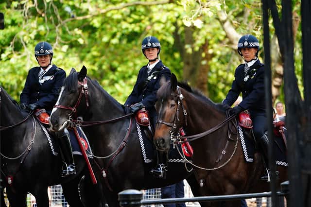 Mounted Police Officers outside Wellington Barracks ahead of the procession of the coffin of late Queen Elizabeth. Photo: Getty