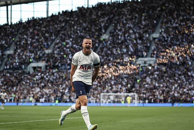  Eric Dier of Tottenham Hotspur celebrates after scoring their teams second goal during the Premier League match (Photo by Ryan Pierse/Getty Images)