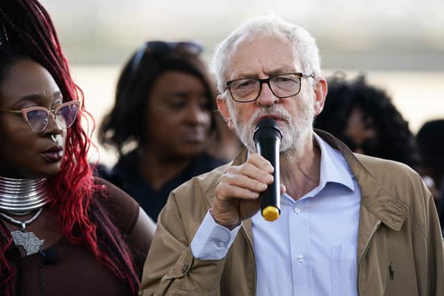 British politician Jeremy Corbyn speaks to the crowd. Photo: Getty