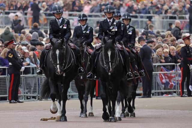 Mounted Metropolitan Police take part during the procession ahead of the state funeral. Photo: Getty