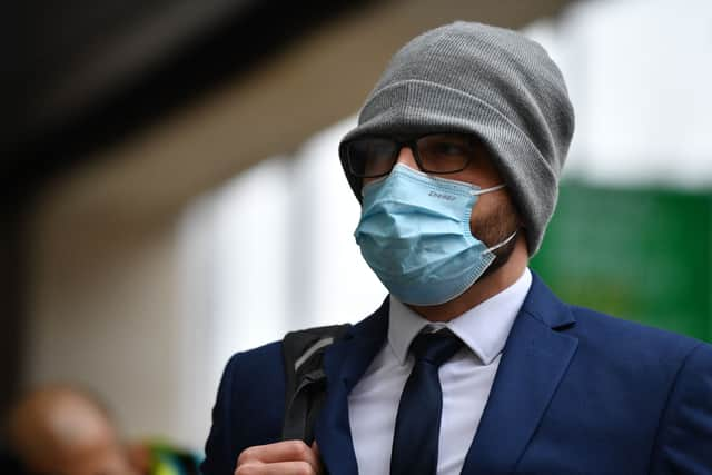 Serving Metropolitan police officer Jonathon Cobban arrives at Westminster Magistrates’ Court. Photo: Getty