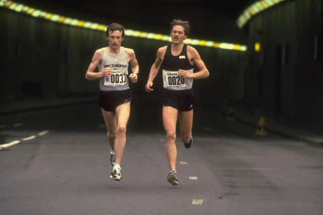Dick Beardsley (left) of USA and Inge Simonsen (right) of Norway in action during the first London Marathon in London