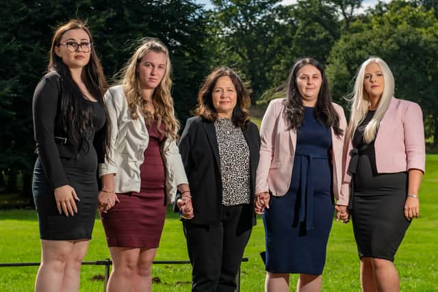 (L-R) Ashleigh, Shanaye Grice, Tanya Ednan-Laperouse, Brenna and Kayleigh Grice at the Coroner’s Court at Ashton Mansion House, Bristol. Photo: SWNS