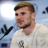 Timo Werner talks to the media during a Germany press conference at DFB-Campus  (Photo by Alex Grimm/Getty Images)
