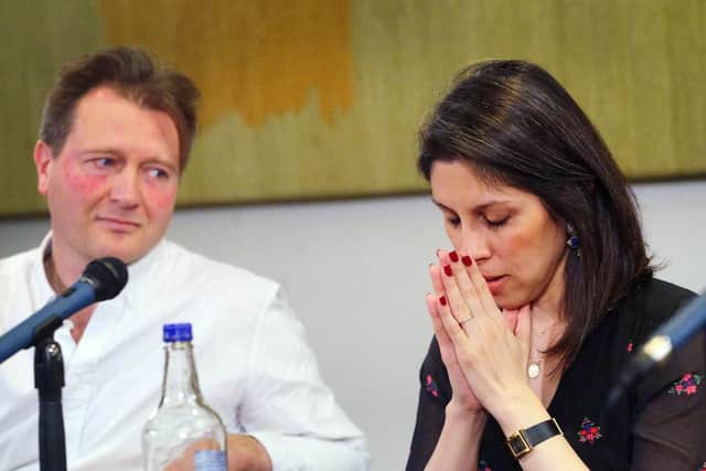 Nazanin Zaghari-Ratcliffe and Richard Ratcliffe attend a press conference hosted by their local MP Tulip Siddiq after her release. Photo: Getty