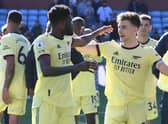 Thomas Partey and Kieran Tierney of Arsenal celebrate after the Premier League match  (Photo by Stuart MacFarlane/Arsenal FC via Getty Images)