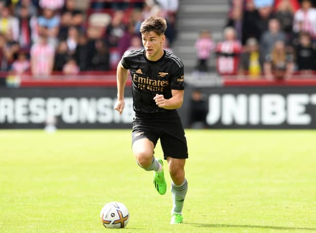 <p>Kieran Tierney of Arsenal during the Premier League match between Brentford FC and Arsenal (Photo by David Price/Arsenal FC via Getty Images)</p>