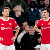  Nemanja Matic looks on with Harry Maguire of Manchester United during the Premier League match. (Photo by Ash Donelon/Manchester United via Getty Images)