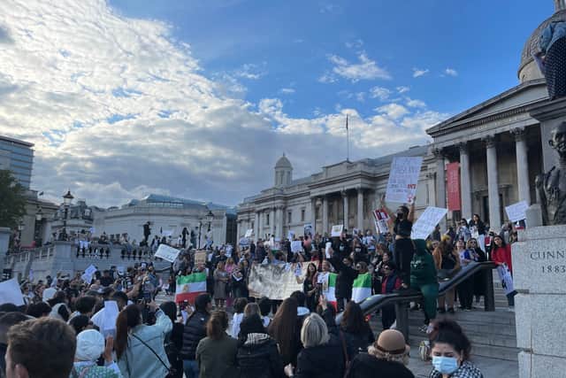 Hundreds of protestors also gathered in Trafalgar Square on Saturday. Credit: Shirin sheikh-Bahai