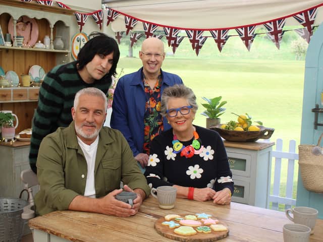 Great British Bake Off presenters and judges in cake corner (L to R (back) Noel Fielding, Matt Lucas (front) Paul Hollywood, Prue Leith.