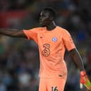 Edouard Mendy of Chelsea gestures during the Premier League match  (Photo by Mike Hewitt/Getty Images)