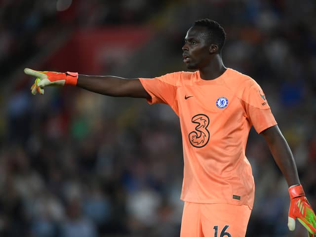 Edouard Mendy of Chelsea gestures during the Premier League match  (Photo by Mike Hewitt/Getty Images)